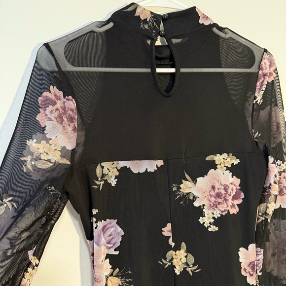 Floral Bodycon Mesh Dress with Long Sleeves and Key Hole Back Black Pink Midi - Picture 6 of 7